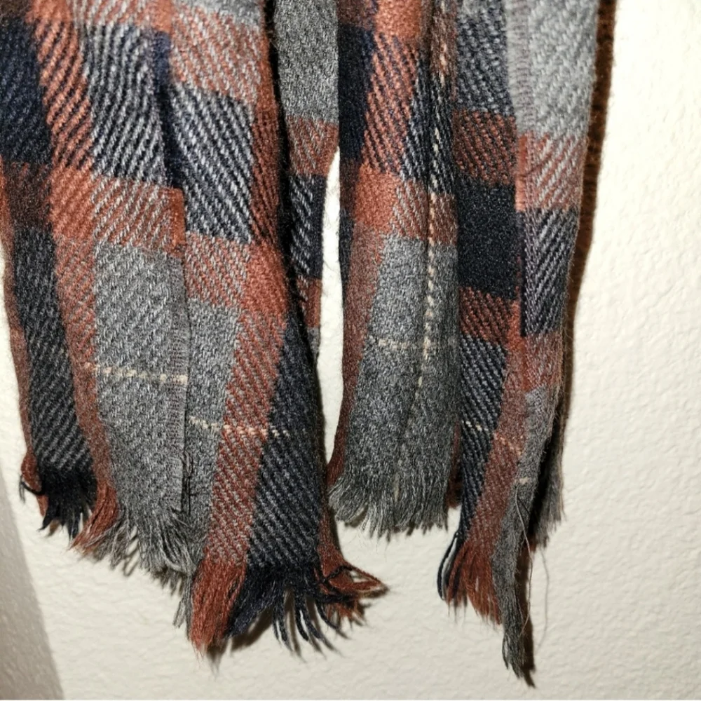Cozy Wool Tartan Blanket Scarf Black, Red, Gray With Fringe 50